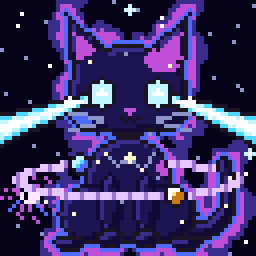 Nebula, a purple cosmic pixel cat firing brilliant starlight lasers