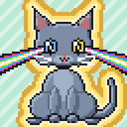 A glowing Russian Blue Gato with rainbow lasers