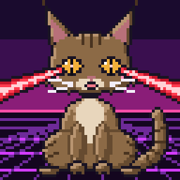 A Maine Coon with slit eyes, firing red lasers, on the neon grid. One of 4,444 Galaxy Gatos.