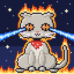 A Scottish Fold with slit eyes, firing blue lasers, wreathed in flames, under a midnight sky, wearing a bandana. One of 4,444 Galaxy Gatos.